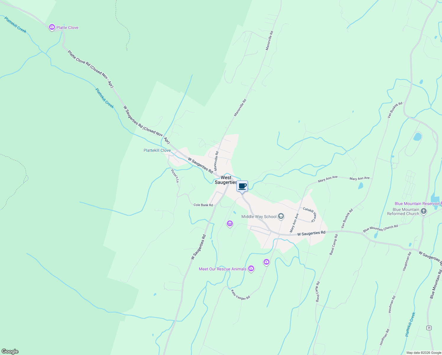 map of restaurants, bars, coffee shops, grocery stores, and more near 431 West Saugerties Road in Saugerties