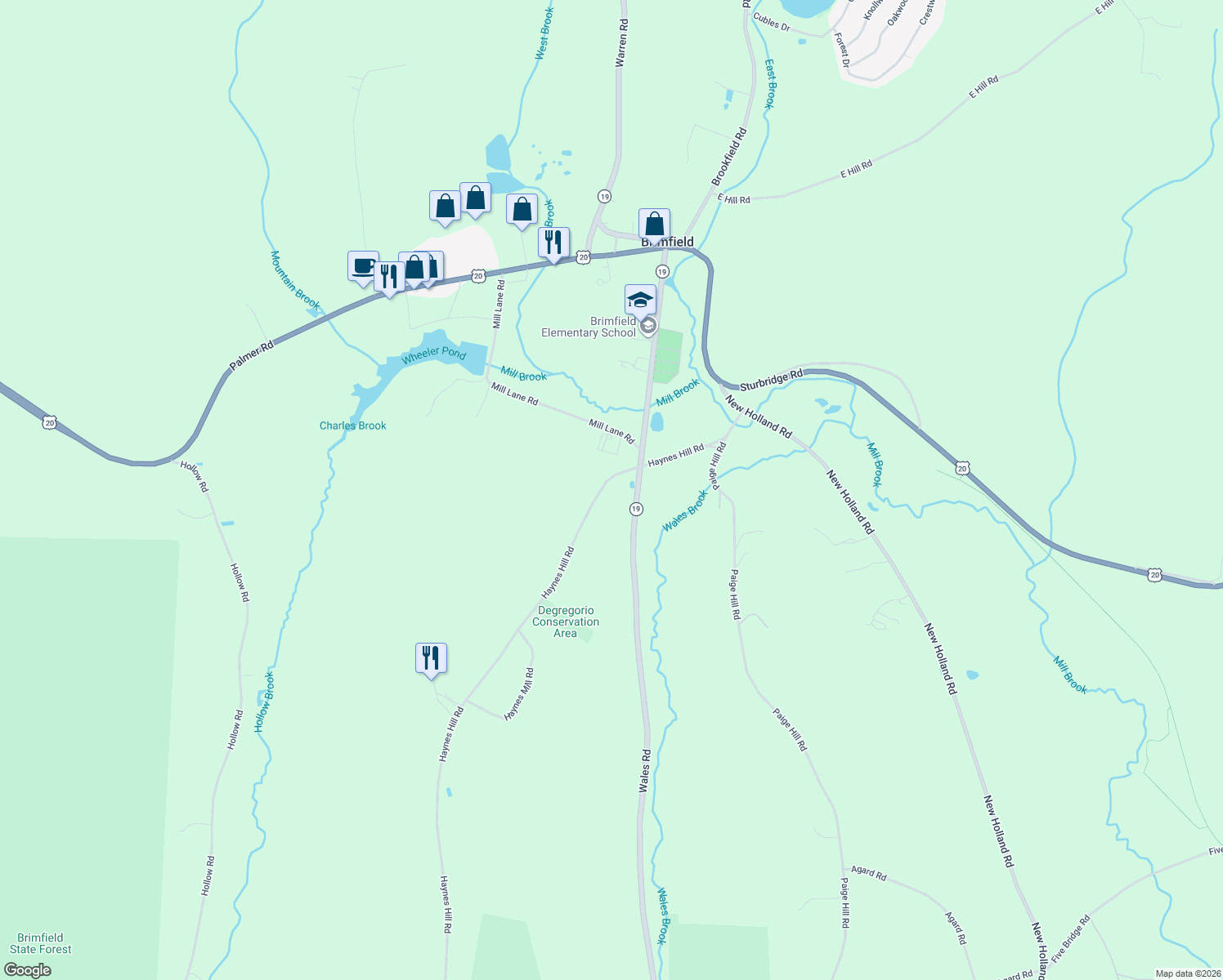map of restaurants, bars, coffee shops, grocery stores, and more near 63 Haynes Hill Road in Brimfield
