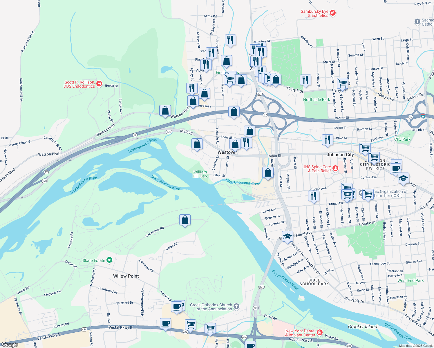 map of restaurants, bars, coffee shops, grocery stores, and more near 16 Elbon Street in Johnson City