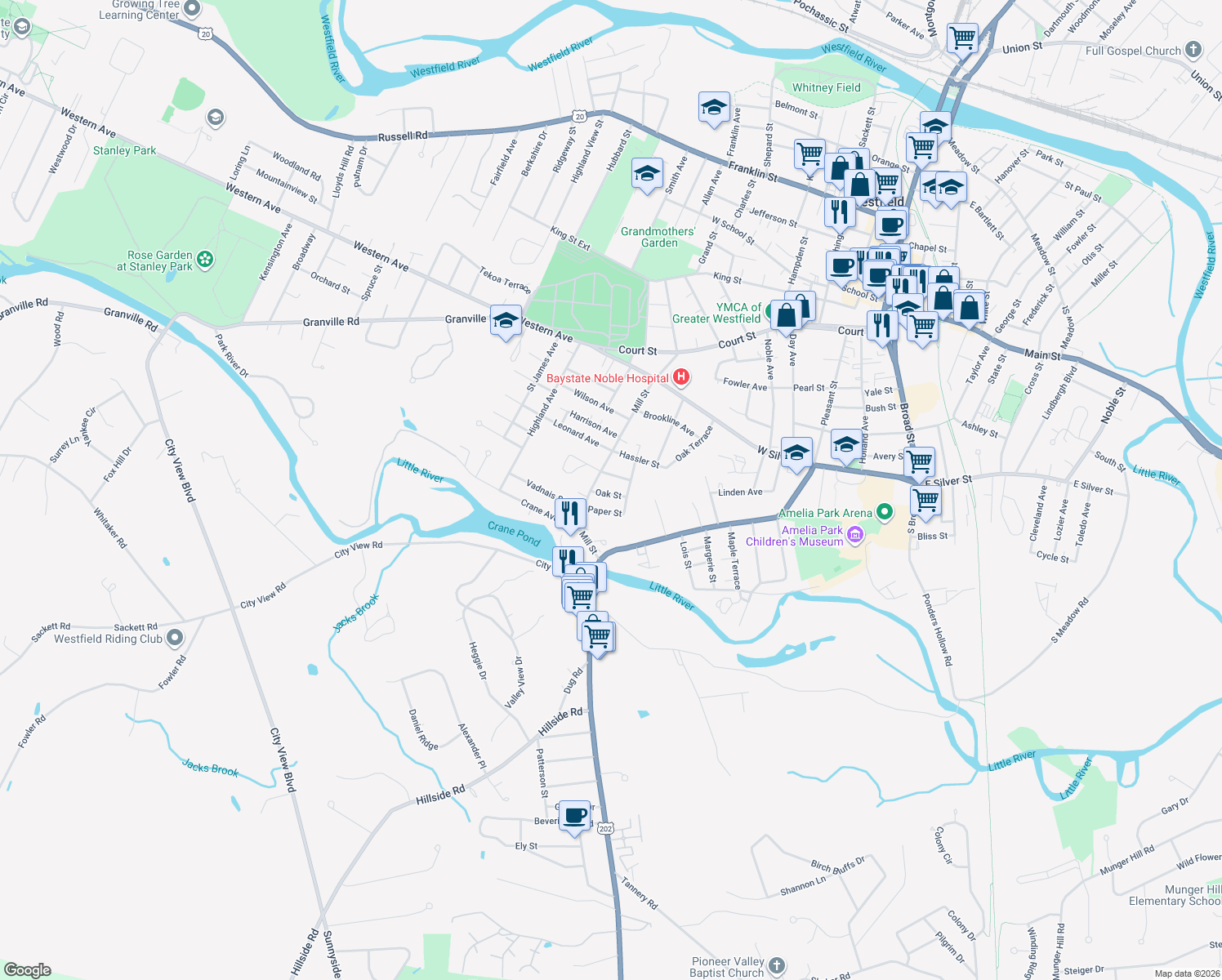 map of restaurants, bars, coffee shops, grocery stores, and more near 7 Oak Street in Westfield