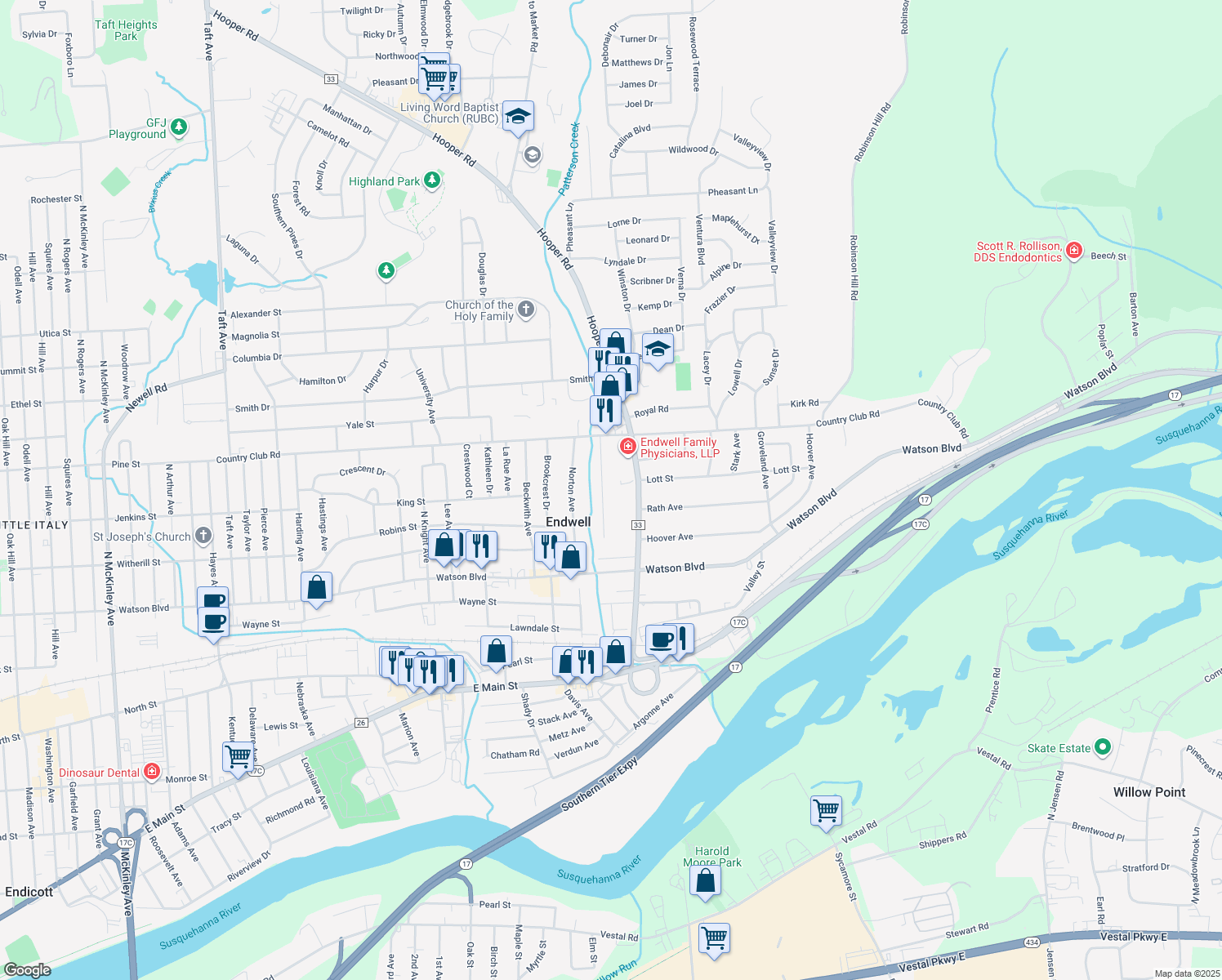 map of restaurants, bars, coffee shops, grocery stores, and more near 326 Doyleson Avenue in Endicott