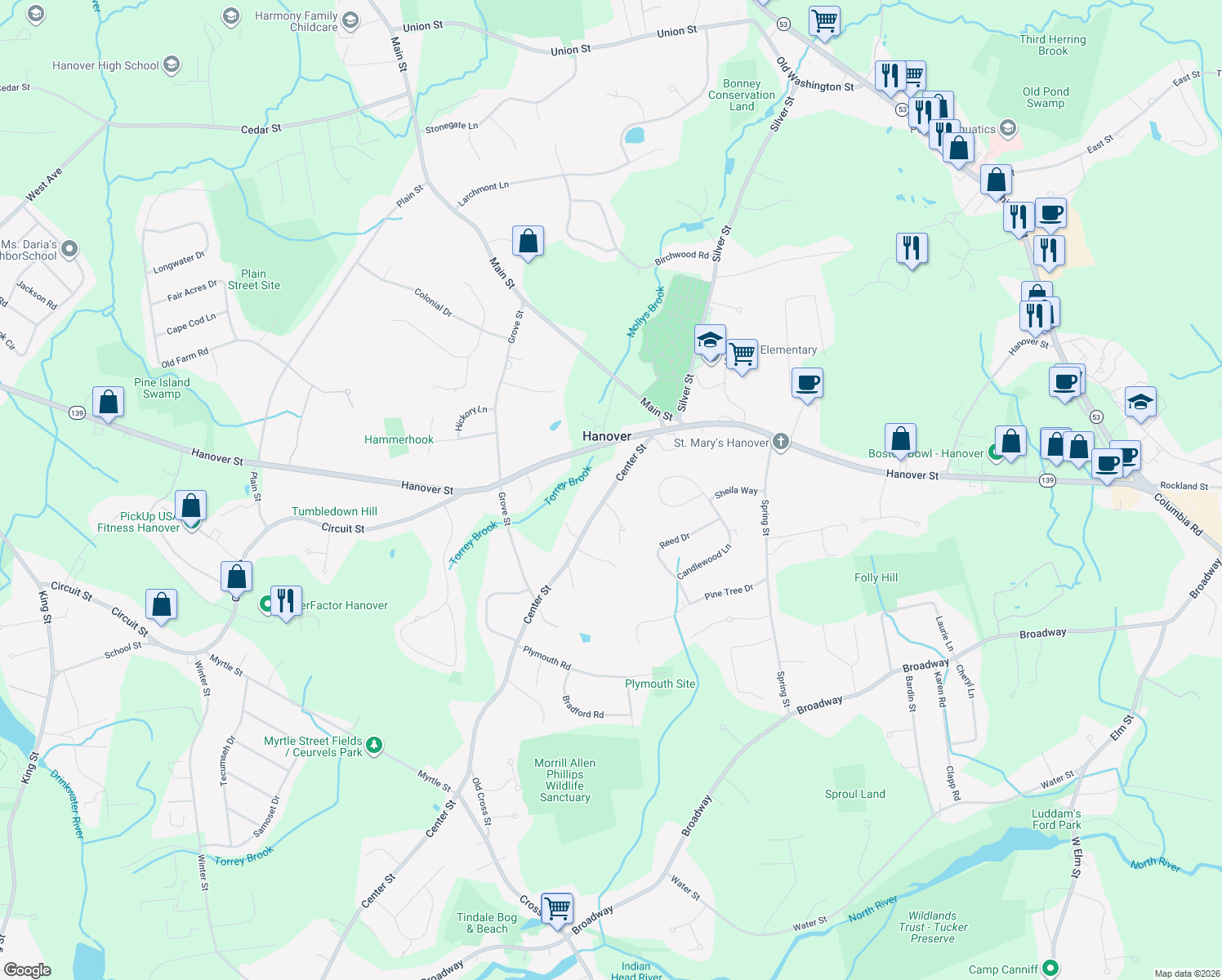 map of restaurants, bars, coffee shops, grocery stores, and more near 103 Center Street in Hanover