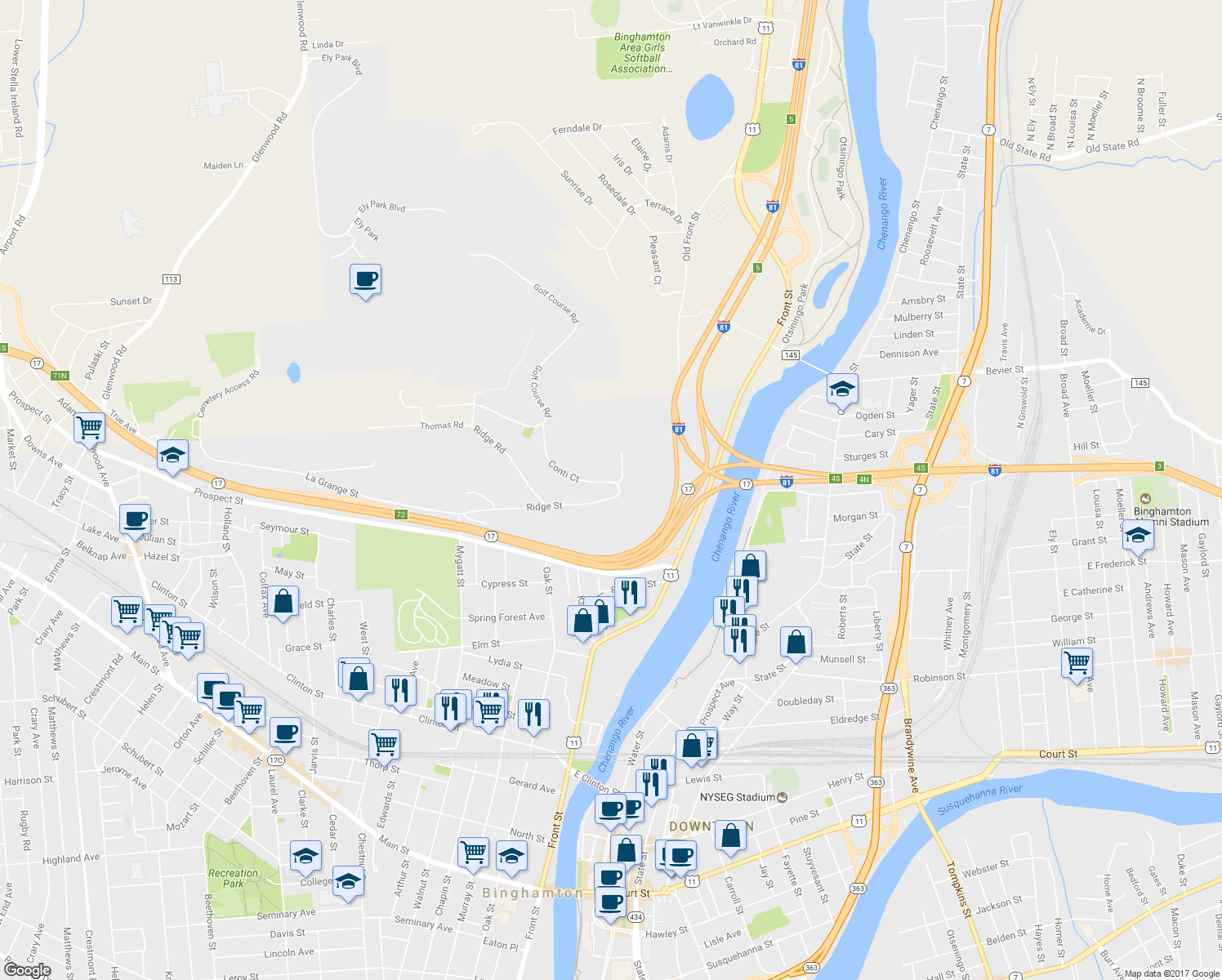 map of restaurants, bars, coffee shops, grocery stores, and more near 3 Conti Court in Binghamton
