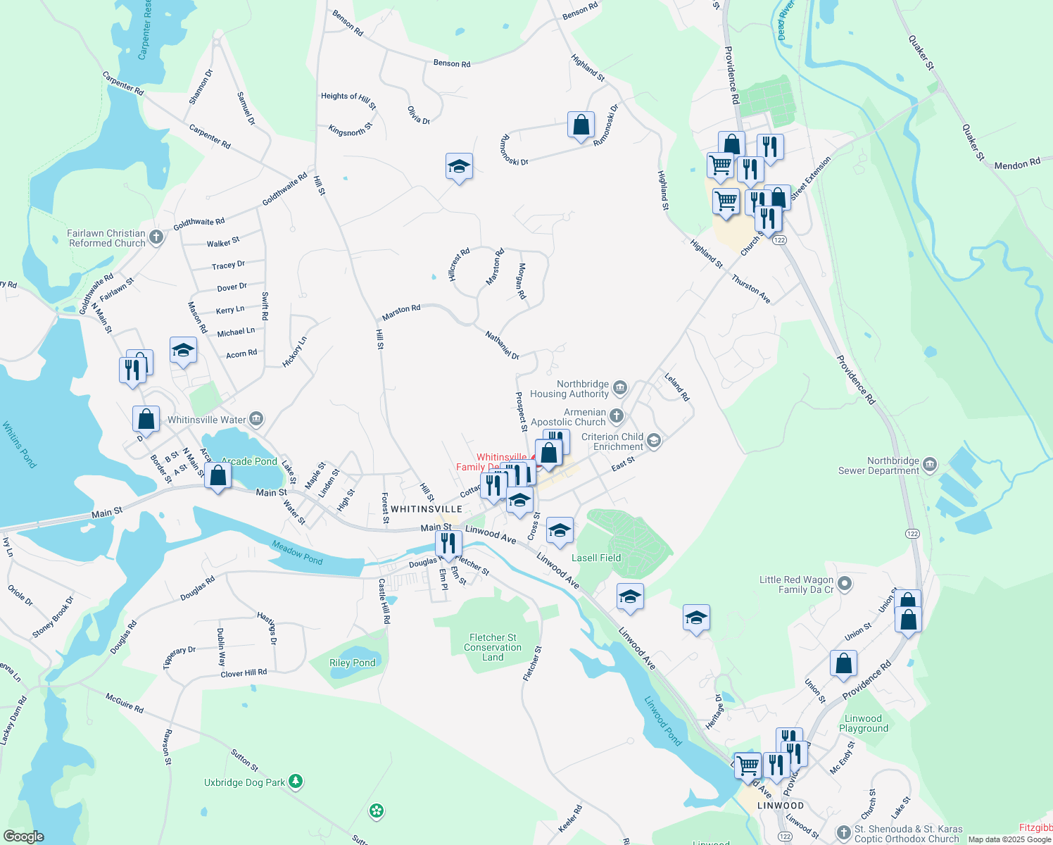 map of restaurants, bars, coffee shops, grocery stores, and more near 56 Prospect Street in Northbridge
