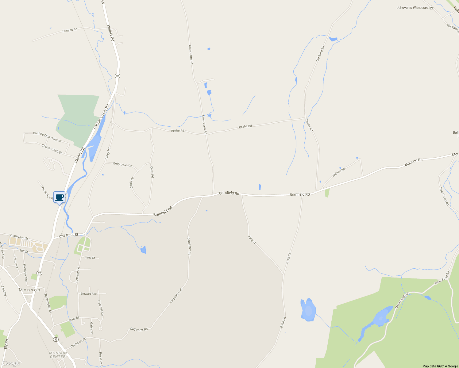 map of restaurants, bars, coffee shops, grocery stores, and more near 106 Brimfield Road in Monson