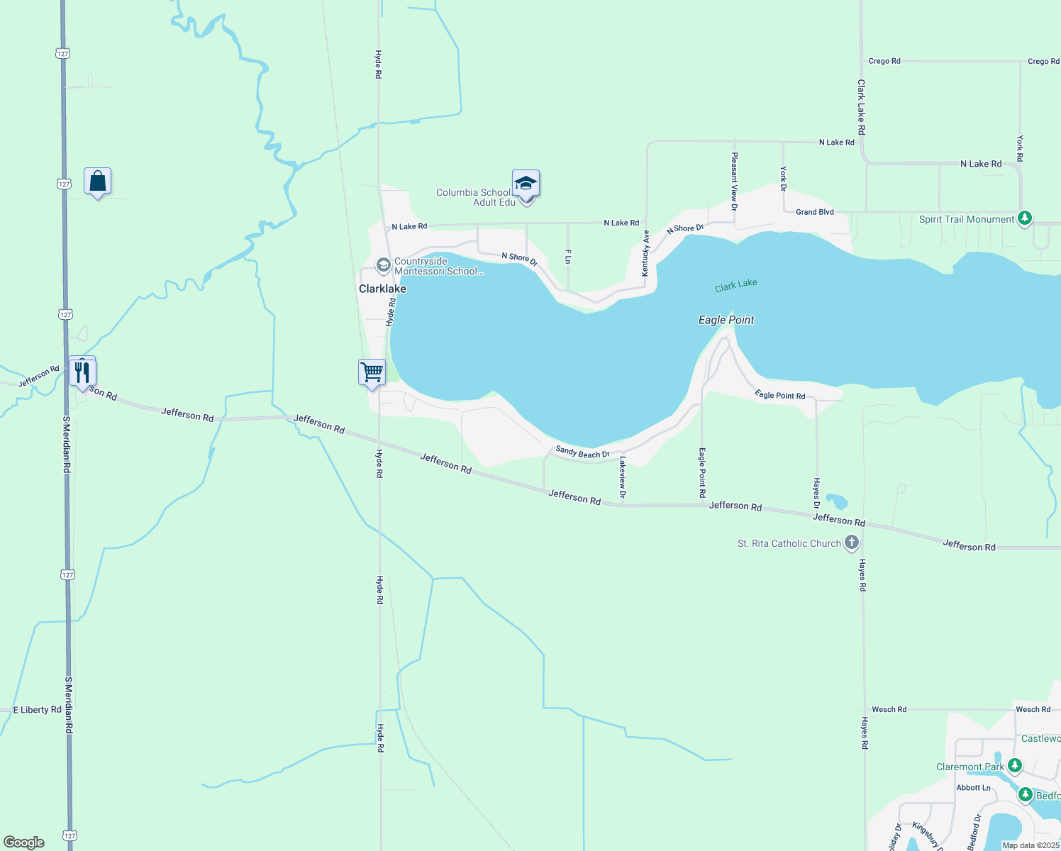 map of restaurants, bars, coffee shops, grocery stores, and more near 550 South Woodlands Drive in Clarklake