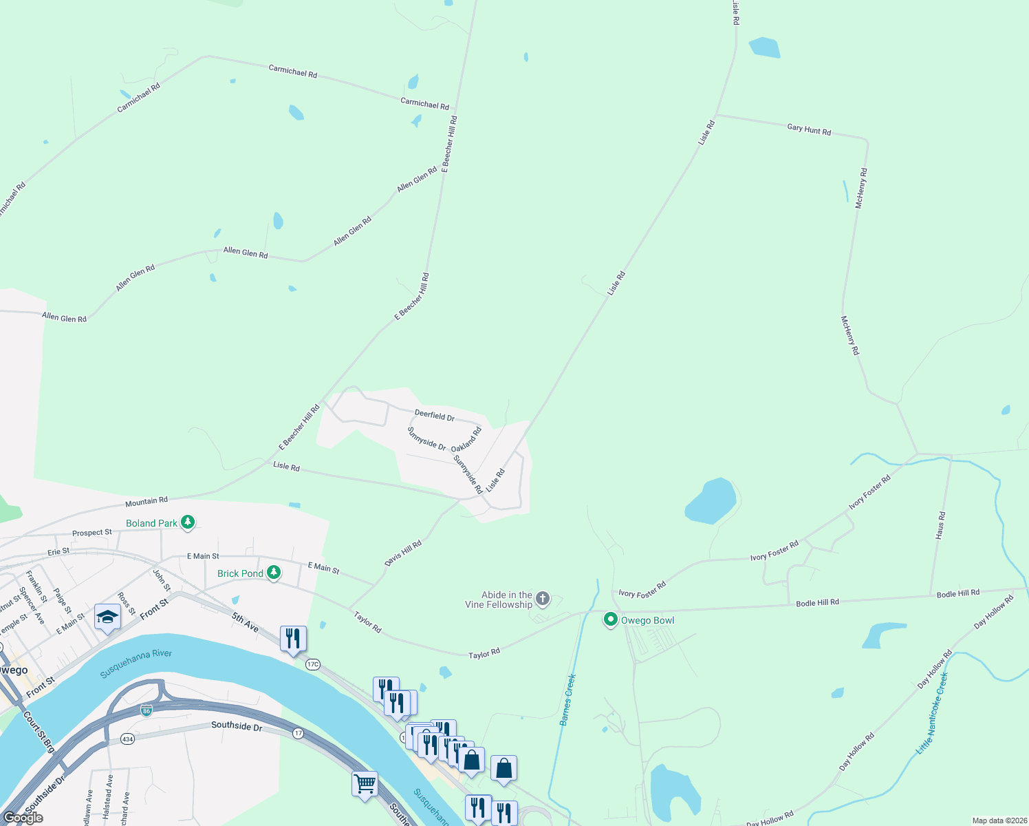 map of restaurants, bars, coffee shops, grocery stores, and more near 25 Larchmont Rd in Owego