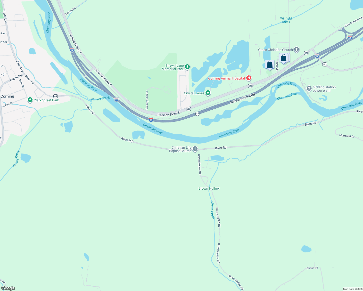 map of restaurants, bars, coffee shops, grocery stores, and more near 11411 River Road in Corning