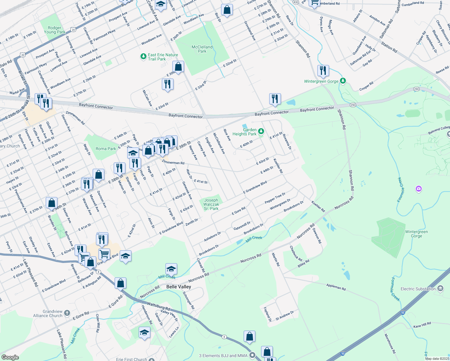 map of restaurants, bars, coffee shops, grocery stores, and more near 4310 English Ave in Erie
