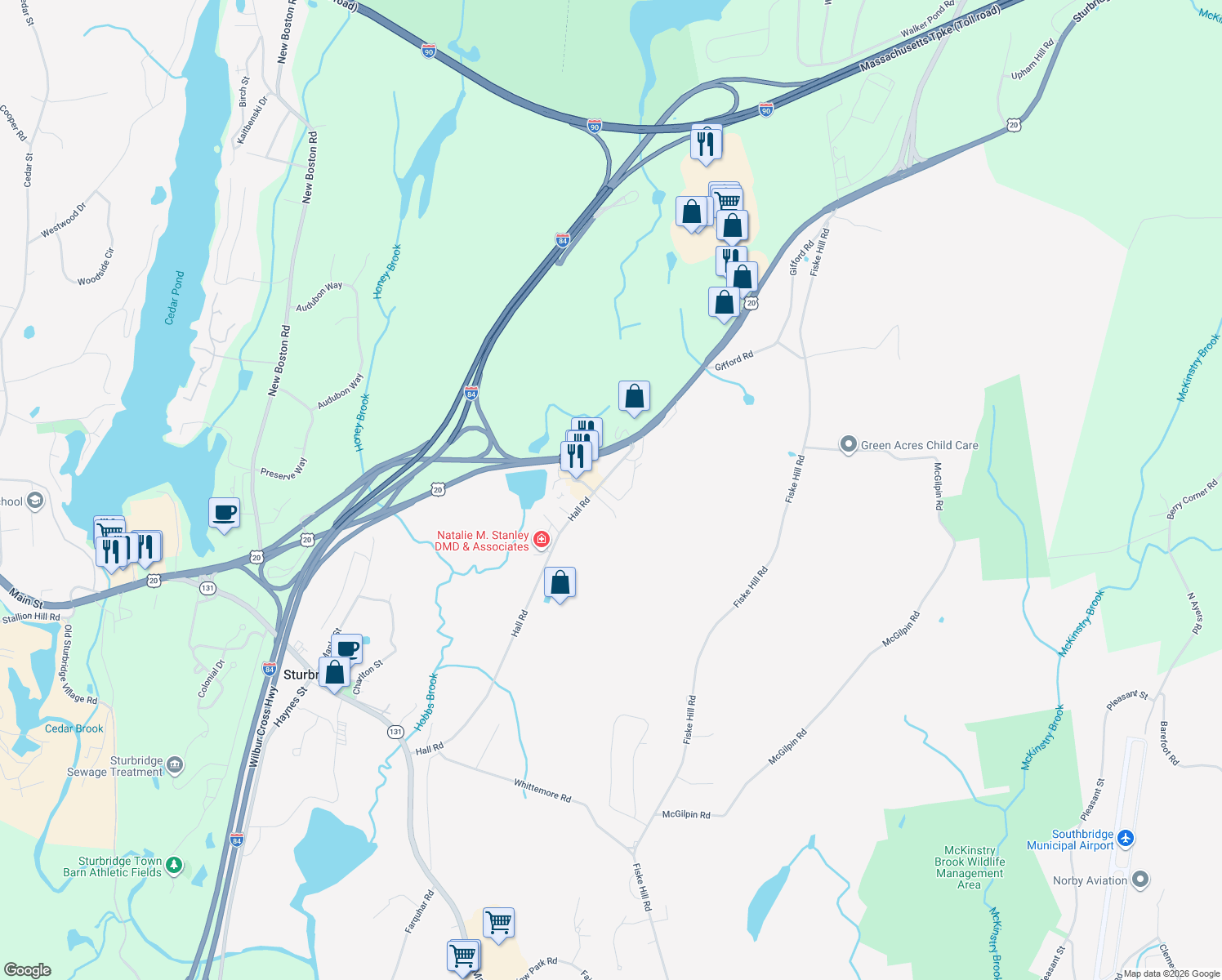 map of restaurants, bars, coffee shops, grocery stores, and more near 88 Hall Road in Sturbridge