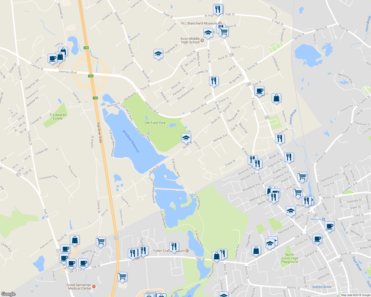 map of restaurants, bars, coffee shops, grocery stores, and more near 186 South Street in Avon
