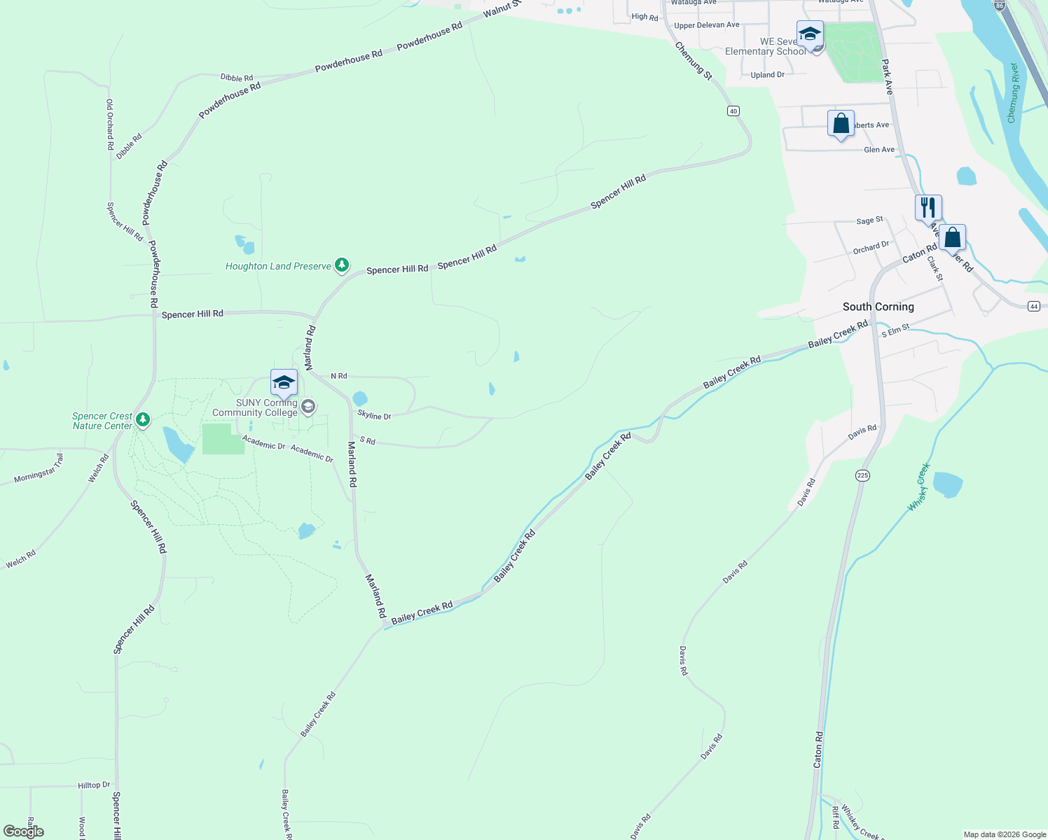map of restaurants, bars, coffee shops, grocery stores, and more near 10614 Skyline Drive in Corning