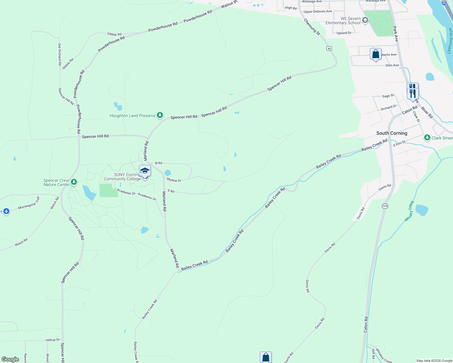 map of restaurants, bars, coffee shops, grocery stores, and more near 10 Skyline Drive in Corning