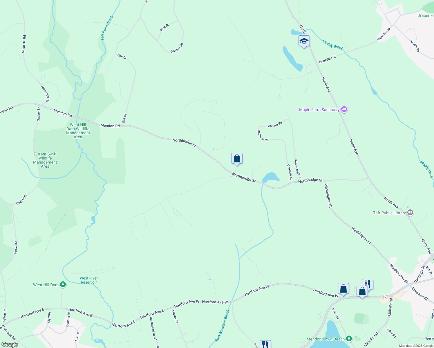 map of restaurants, bars, coffee shops, grocery stores, and more near 5 W Hill Rd in Mendon