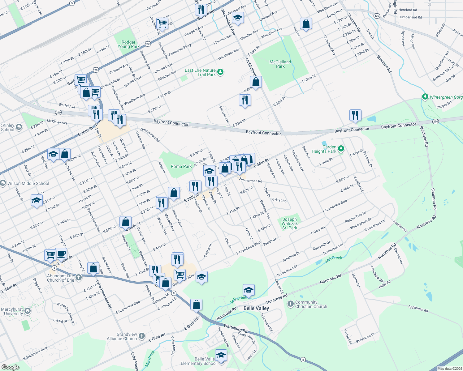 map of restaurants, bars, coffee shops, grocery stores, and more near 3822 Conrad Road in Erie