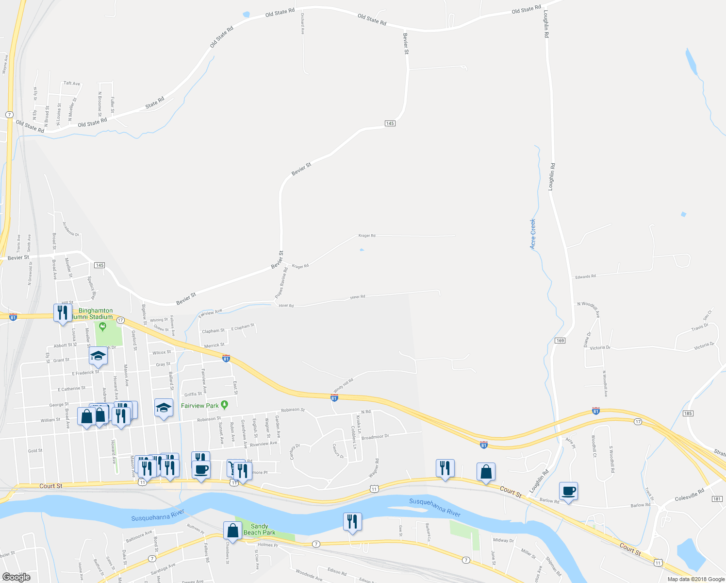 map of restaurants, bars, coffee shops, grocery stores, and more near 85 Hiner Road in Binghamton