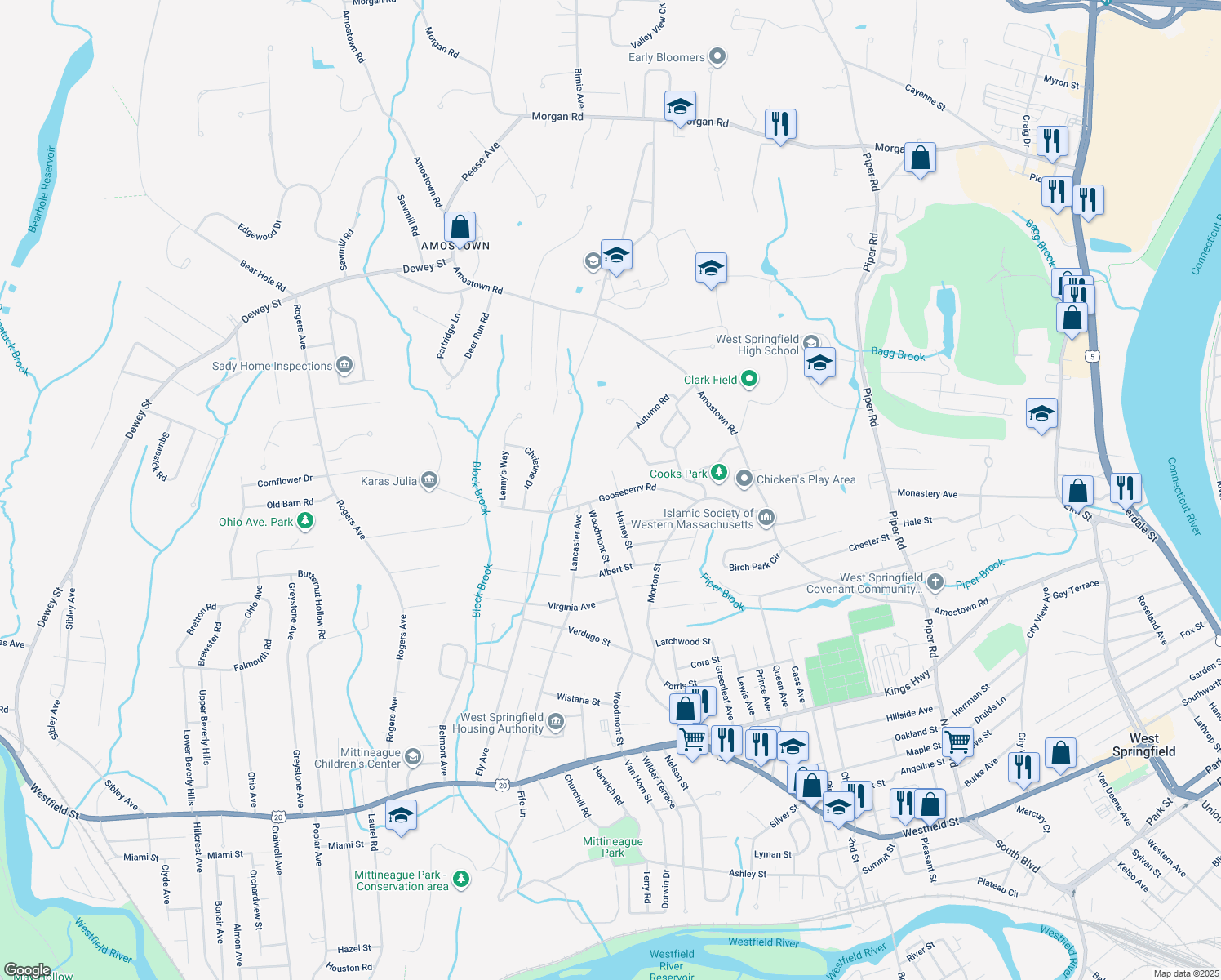 map of restaurants, bars, coffee shops, grocery stores, and more near 130 East Gooseberry Road in West Springfield