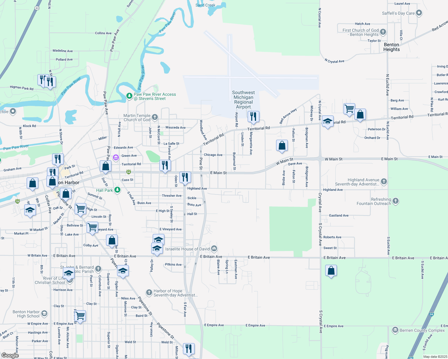 map of restaurants, bars, coffee shops, grocery stores, and more near 146 Walnut Street in Benton Harbor
