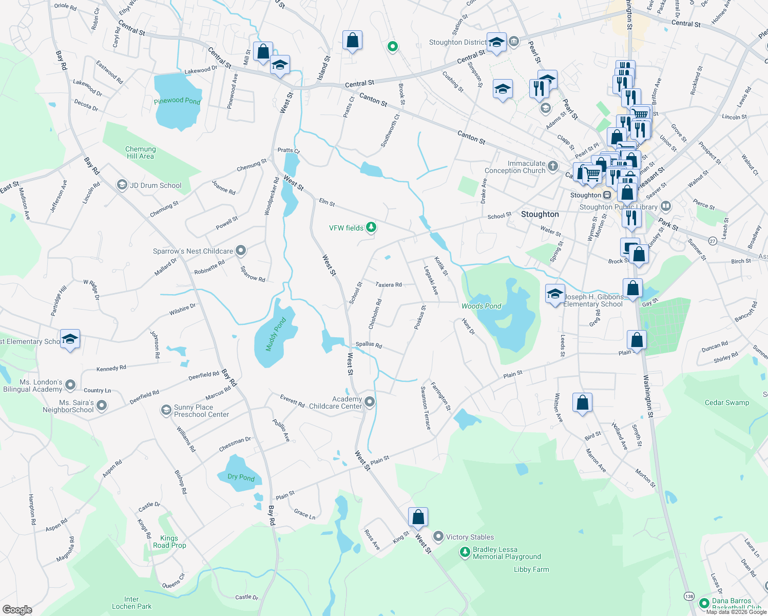 map of restaurants, bars, coffee shops, grocery stores, and more near 46 Chisholm Road in Stoughton