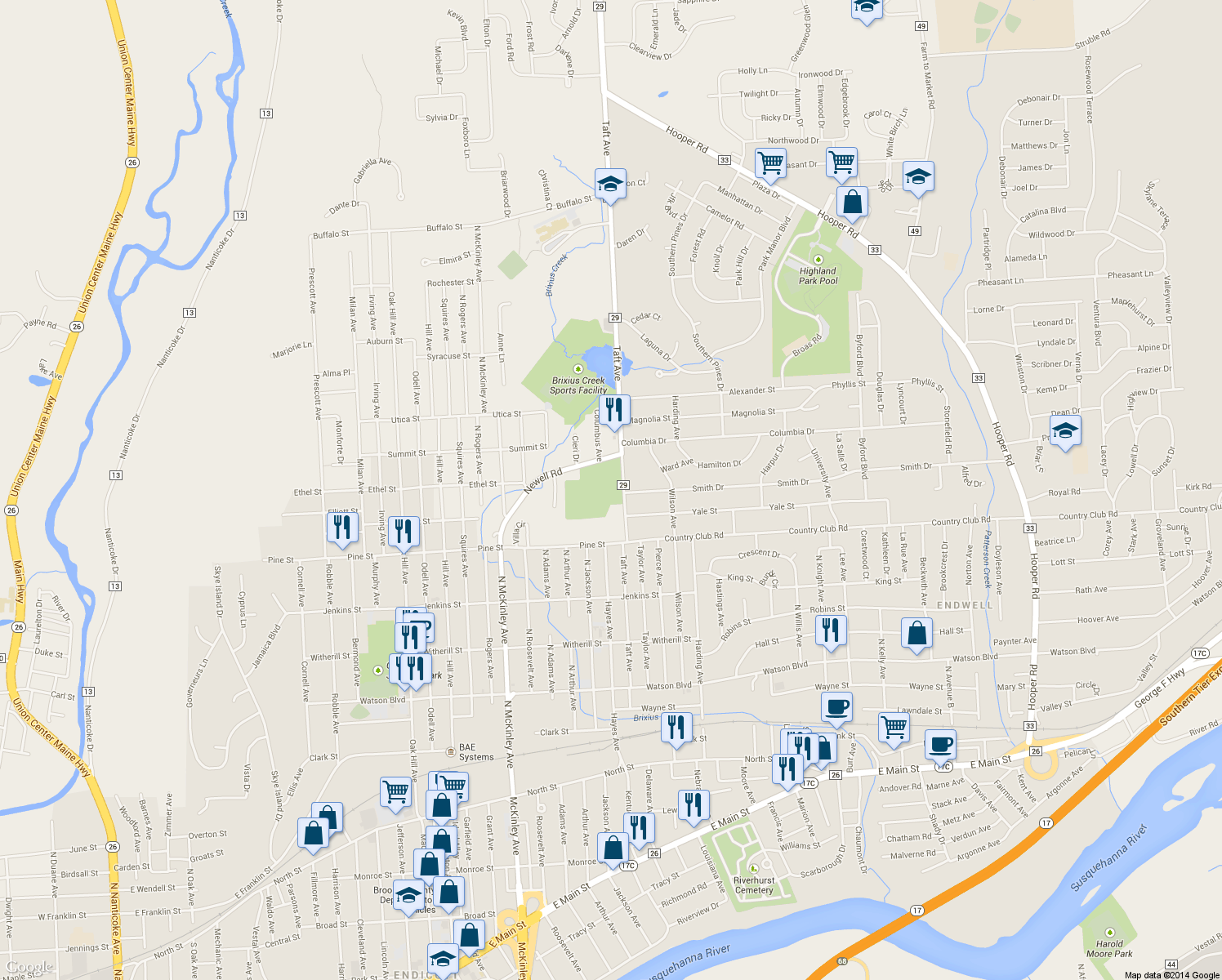 map of restaurants, bars, coffee shops, grocery stores, and more near 507 Taft Avenue in Endicott