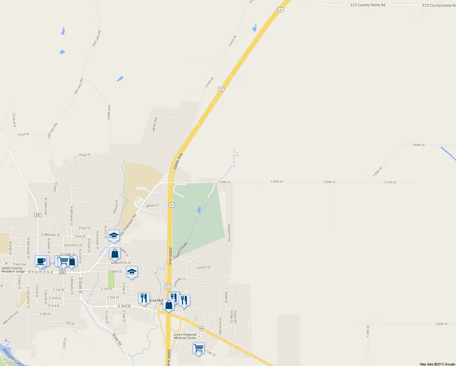 map of restaurants, bars, coffee shops, grocery stores, and more near 536 Kaitlynn Avenue in Anamosa