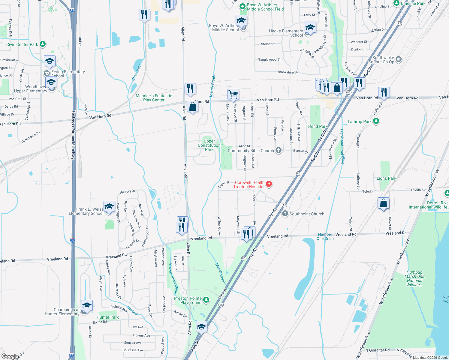 map of restaurants, bars, coffee shops, grocery stores, and more near 18788 Martin Pl in Woodhaven