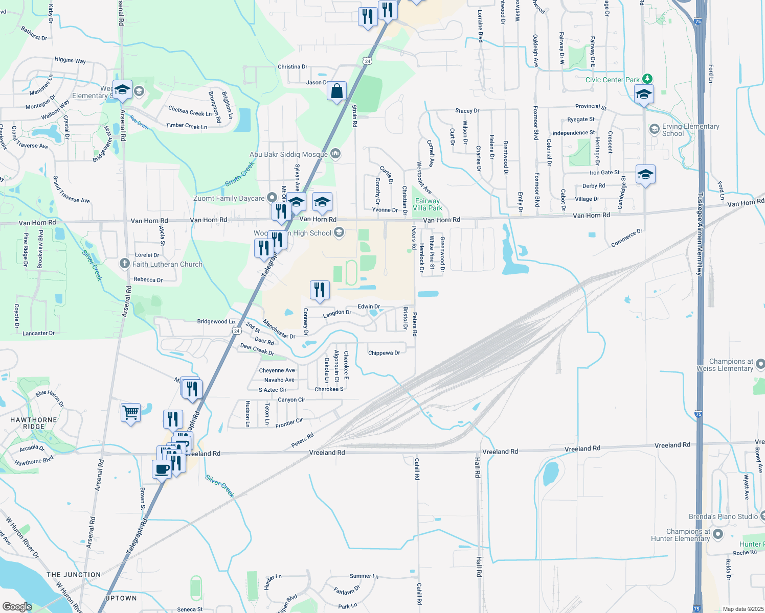 map of restaurants, bars, coffee shops, grocery stores, and more near Cambridge in Brownstown Charter Township