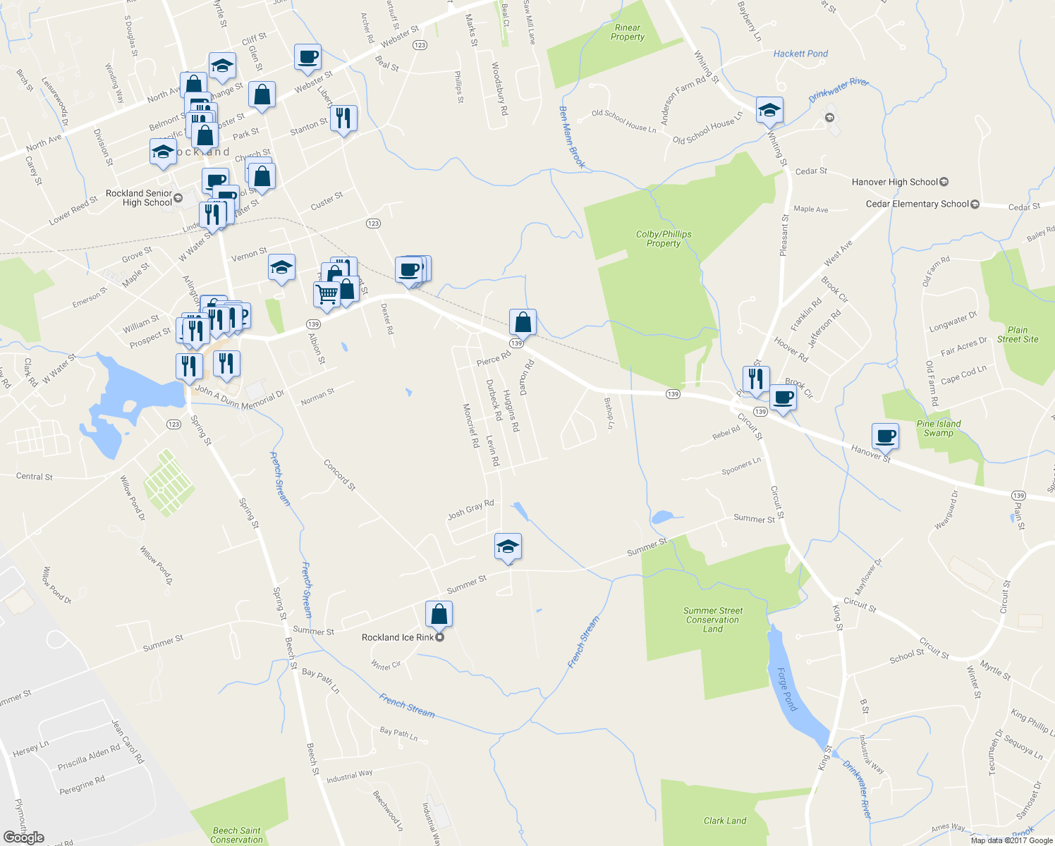 map of restaurants, bars, coffee shops, grocery stores, and more near 115 Damon Road in Rockland
