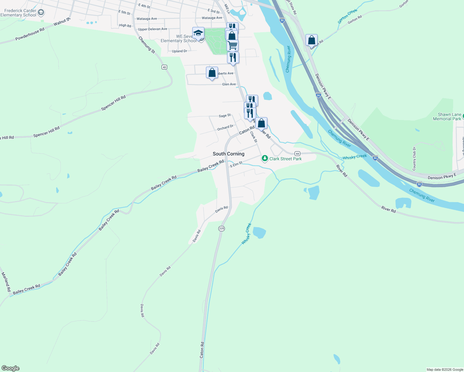 map of restaurants, bars, coffee shops, grocery stores, and more near 2502 Caton Road in Corning