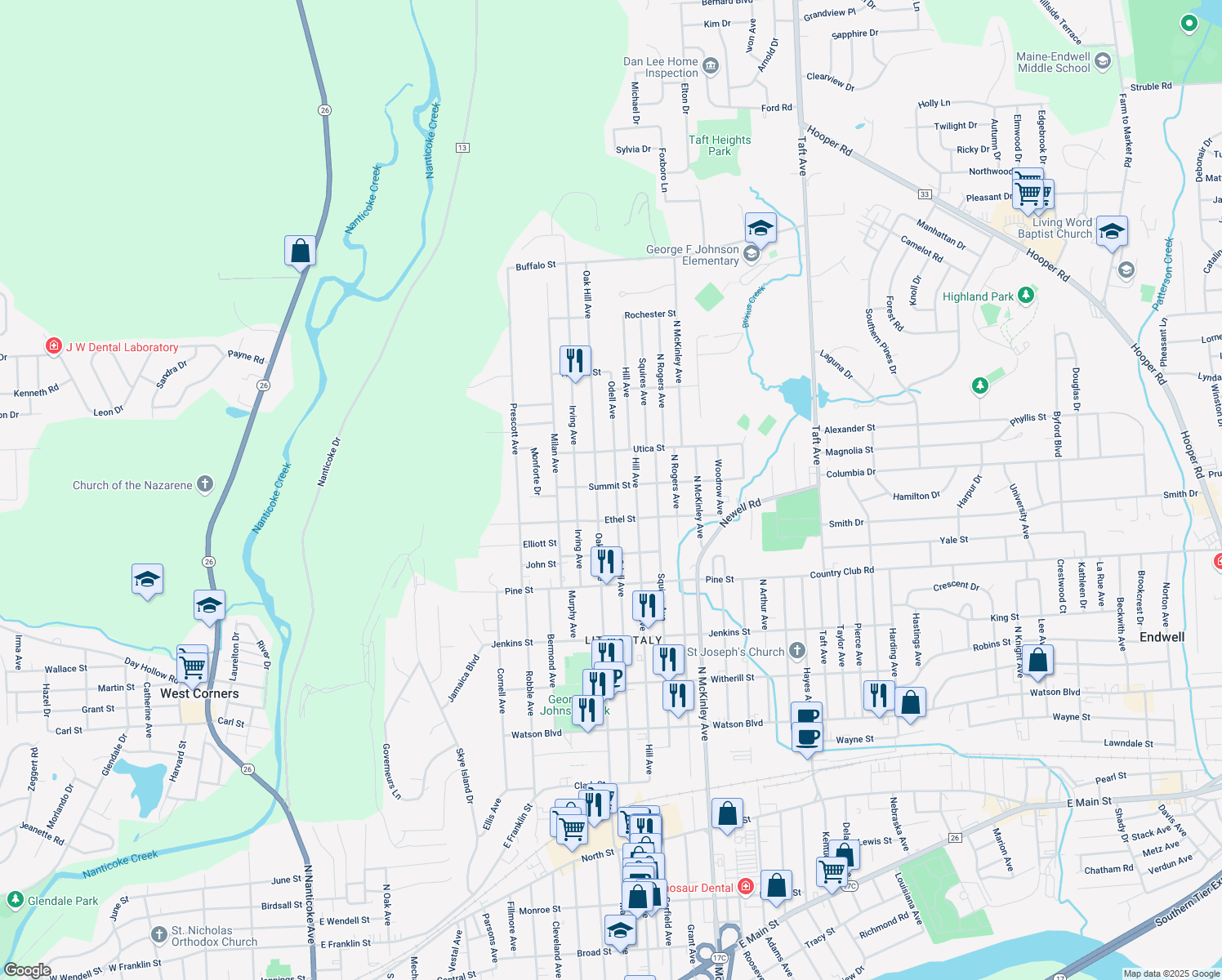 map of restaurants, bars, coffee shops, grocery stores, and more near 619 Odell Avenue in Endicott