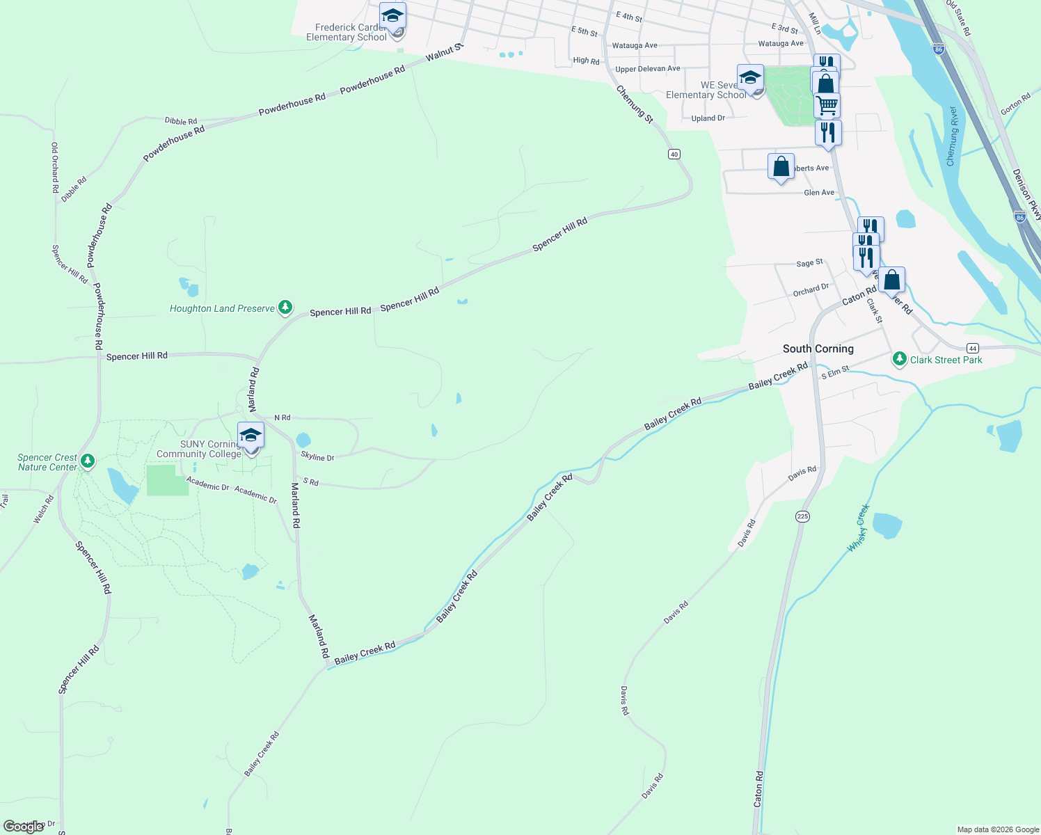 map of restaurants, bars, coffee shops, grocery stores, and more near 10-76 Skyline Drive in Corning