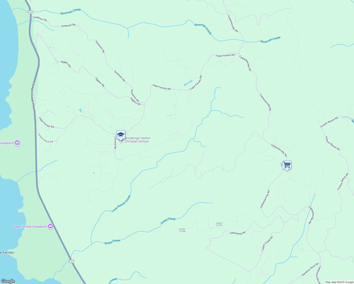 map of restaurants, bars, coffee shops, grocery stores, and more near 96320 Foxglove Way in Brookings