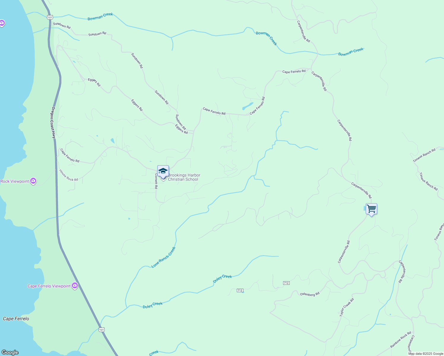 map of restaurants, bars, coffee shops, grocery stores, and more near 96320 Foxglove Way in Brookings