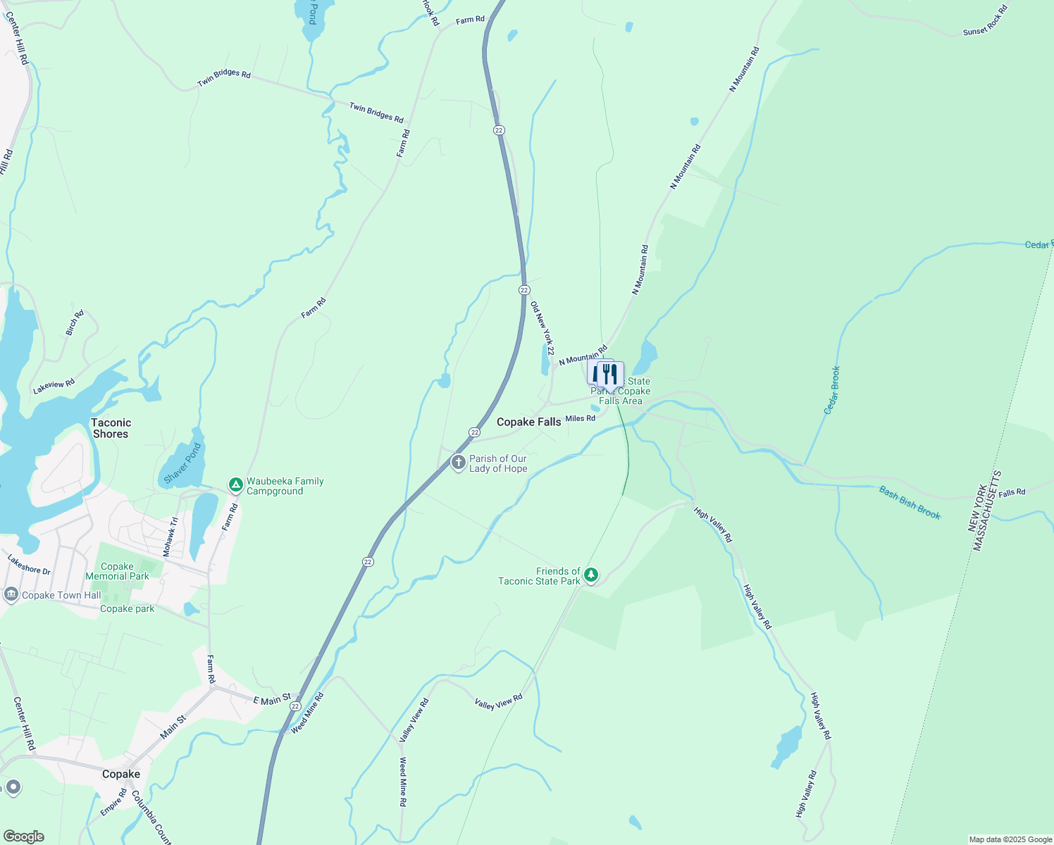 map of restaurants, bars, coffee shops, grocery stores, and more near 155 Old New York 22 in Copake Falls
