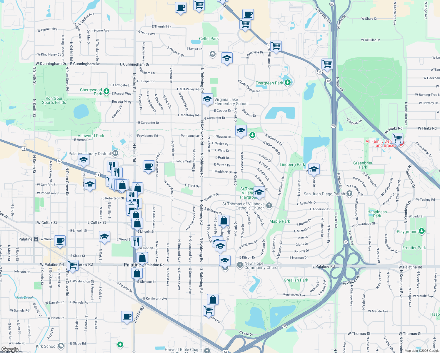 map of restaurants, bars, coffee shops, grocery stores, and more near 902 East Anderson Drive in Palatine