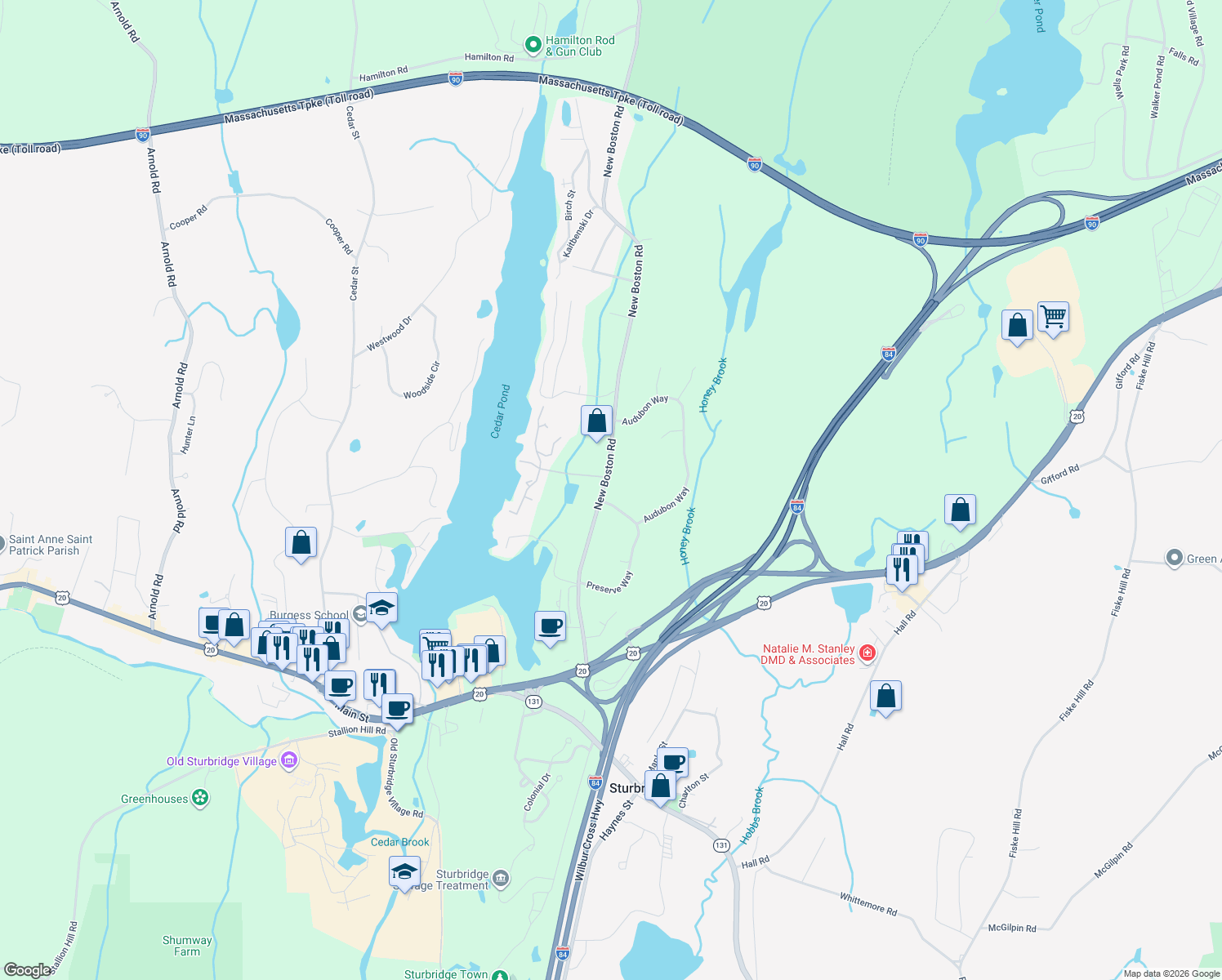 map of restaurants, bars, coffee shops, grocery stores, and more near 72 New Boston Rd in Sturbridge