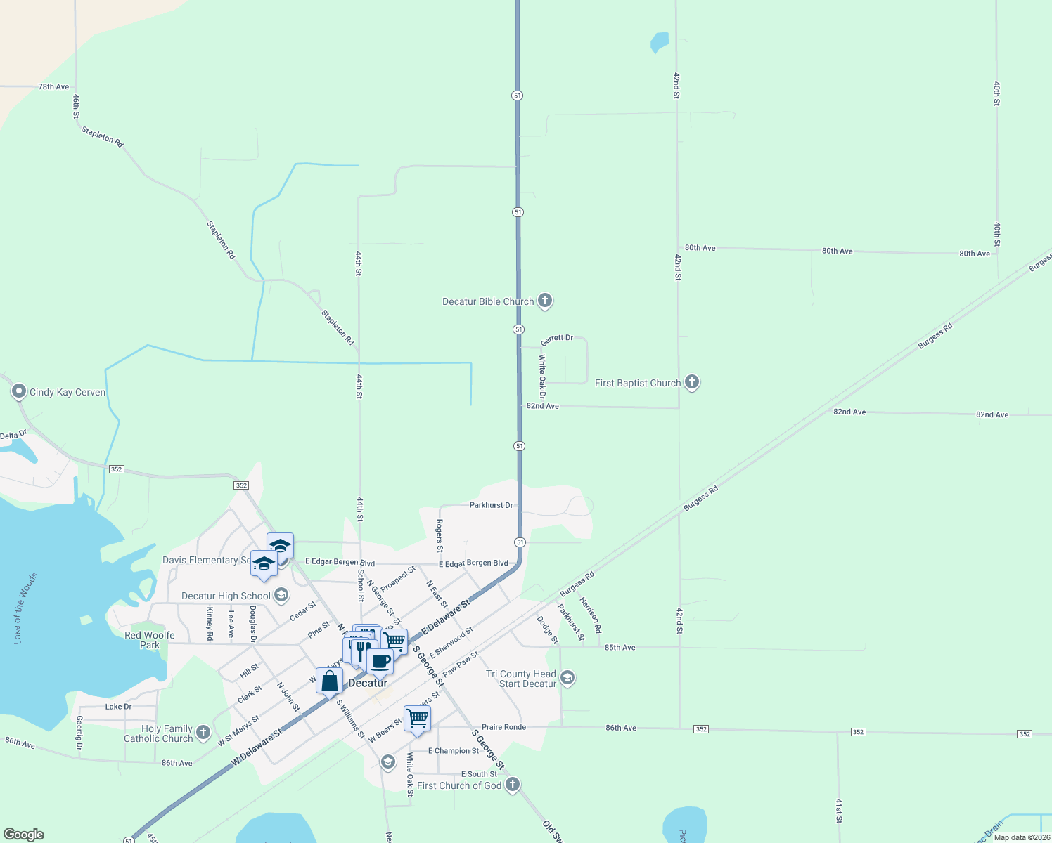 map of restaurants, bars, coffee shops, grocery stores, and more near 82141 Michigan 51 in Decatur
