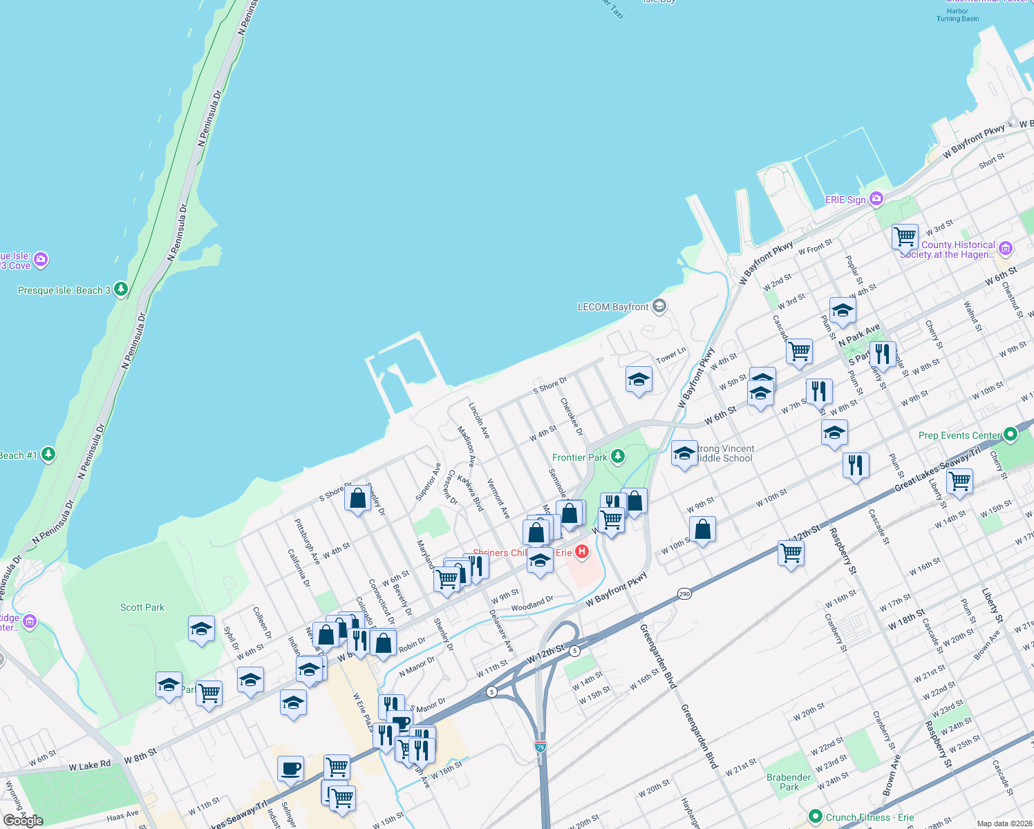 map of restaurants, bars, coffee shops, grocery stores, and more near 220 Seminole Dr in Erie