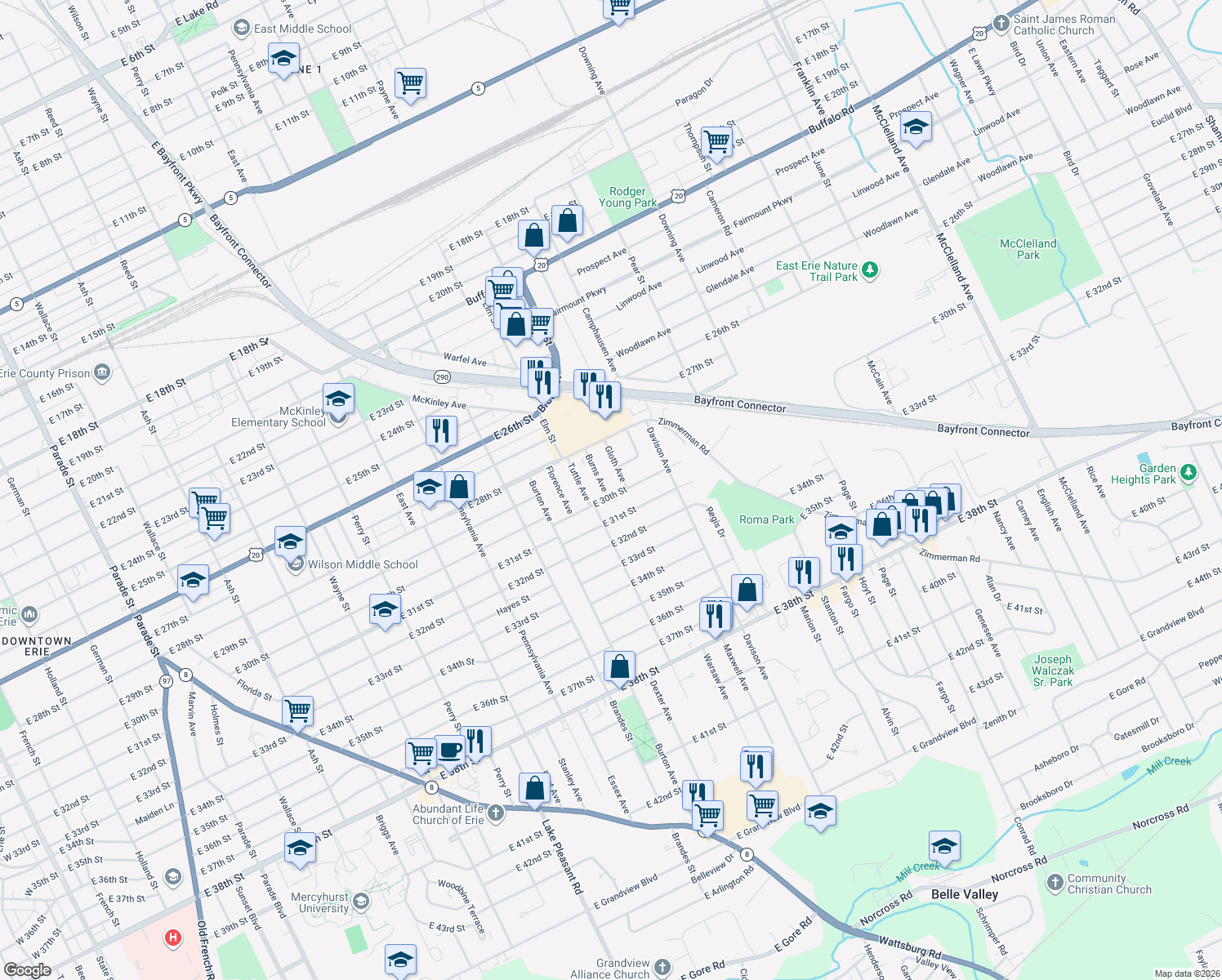 map of restaurants, bars, coffee shops, grocery stores, and more near 2935 Burns Avenue in Erie