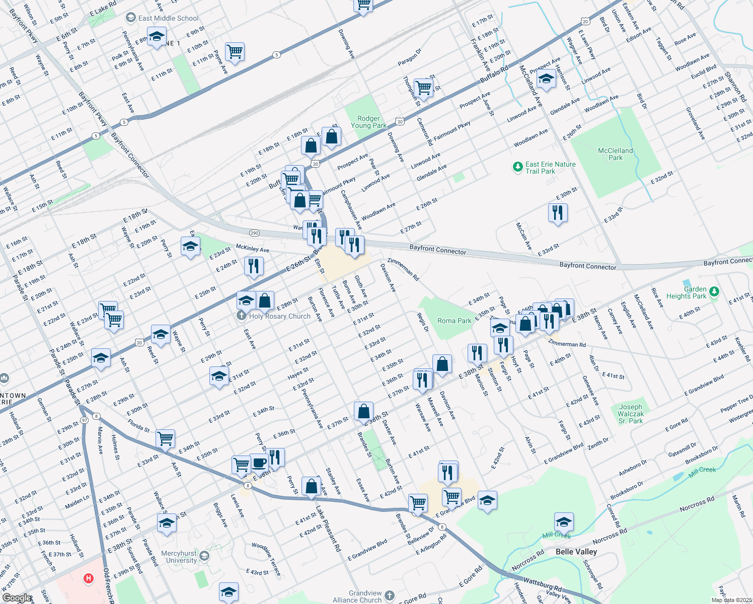 map of restaurants, bars, coffee shops, grocery stores, and more near 1413 E 30th St in Erie
