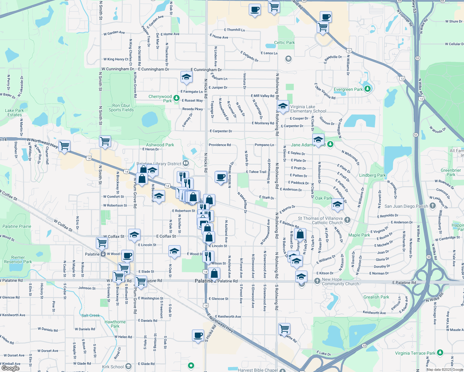 map of restaurants, bars, coffee shops, grocery stores, and more near 447 North Willow Wood Drive in Palatine
