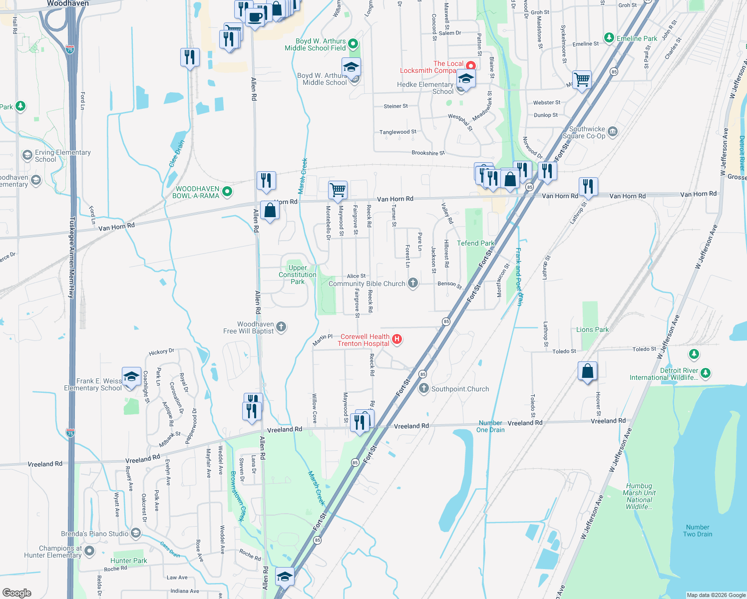 map of restaurants, bars, coffee shops, grocery stores, and more near 5046 Lisa Court in Trenton