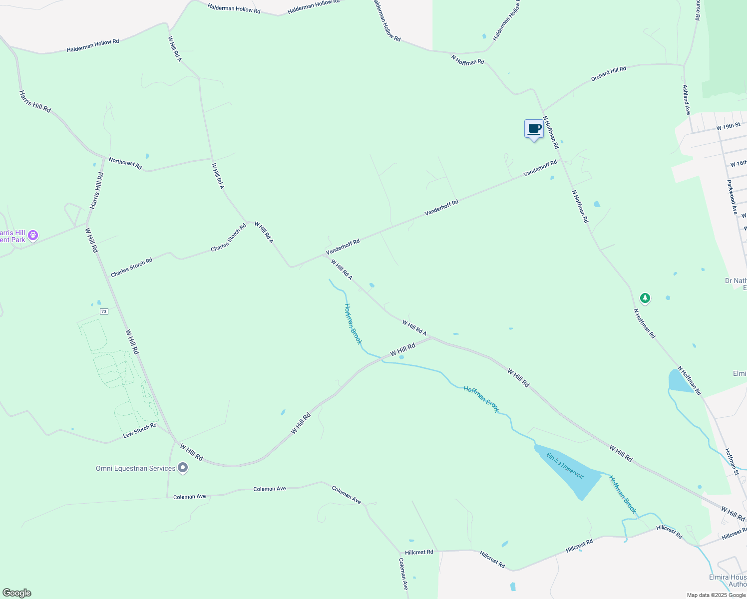 map of restaurants, bars, coffee shops, grocery stores, and more near 60 West Hill Road A in Elmira