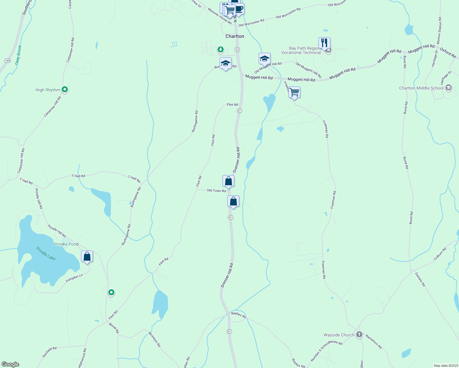 map of restaurants, bars, coffee shops, grocery stores, and more near 47 Dresser Hill Road in Charlton