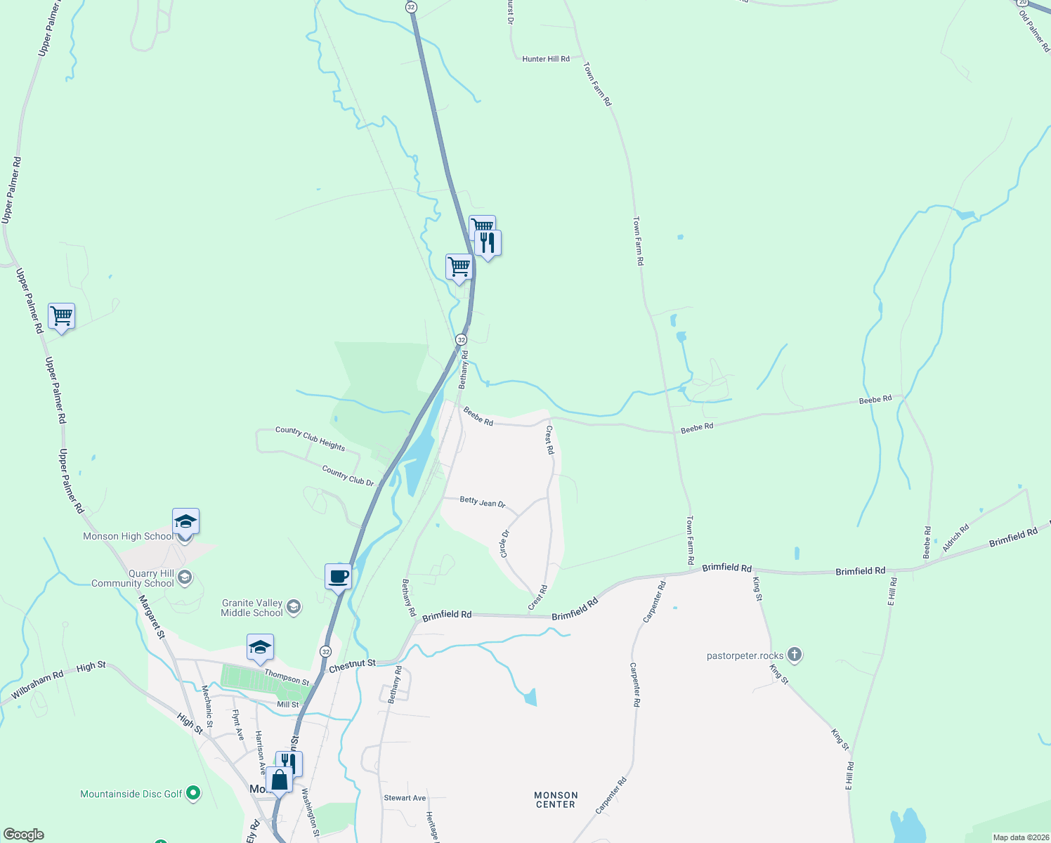 map of restaurants, bars, coffee shops, grocery stores, and more near 22 Beebe Road in Monson