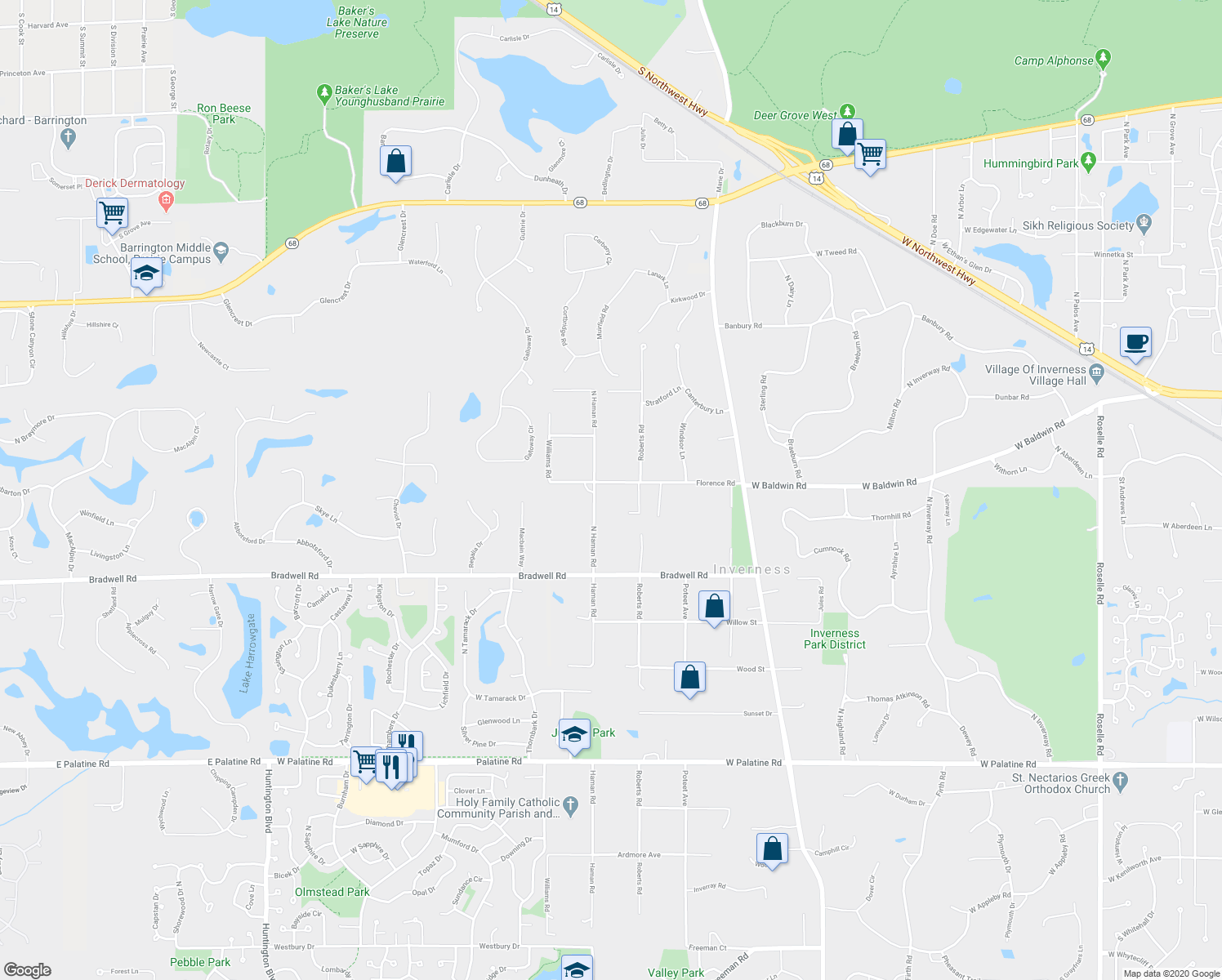 map of restaurants, bars, coffee shops, grocery stores, and more near 214 Florence Road in Inverness