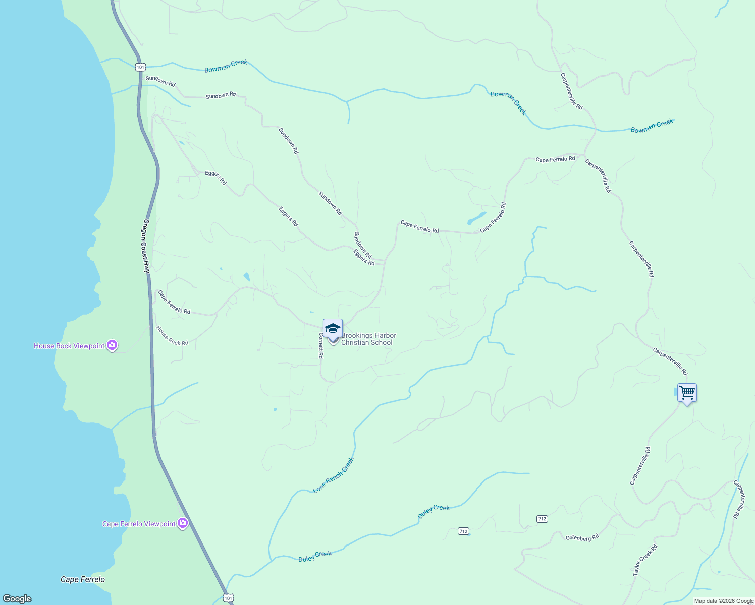 map of restaurants, bars, coffee shops, grocery stores, and more near 96135 Brookside Drive in Brookings