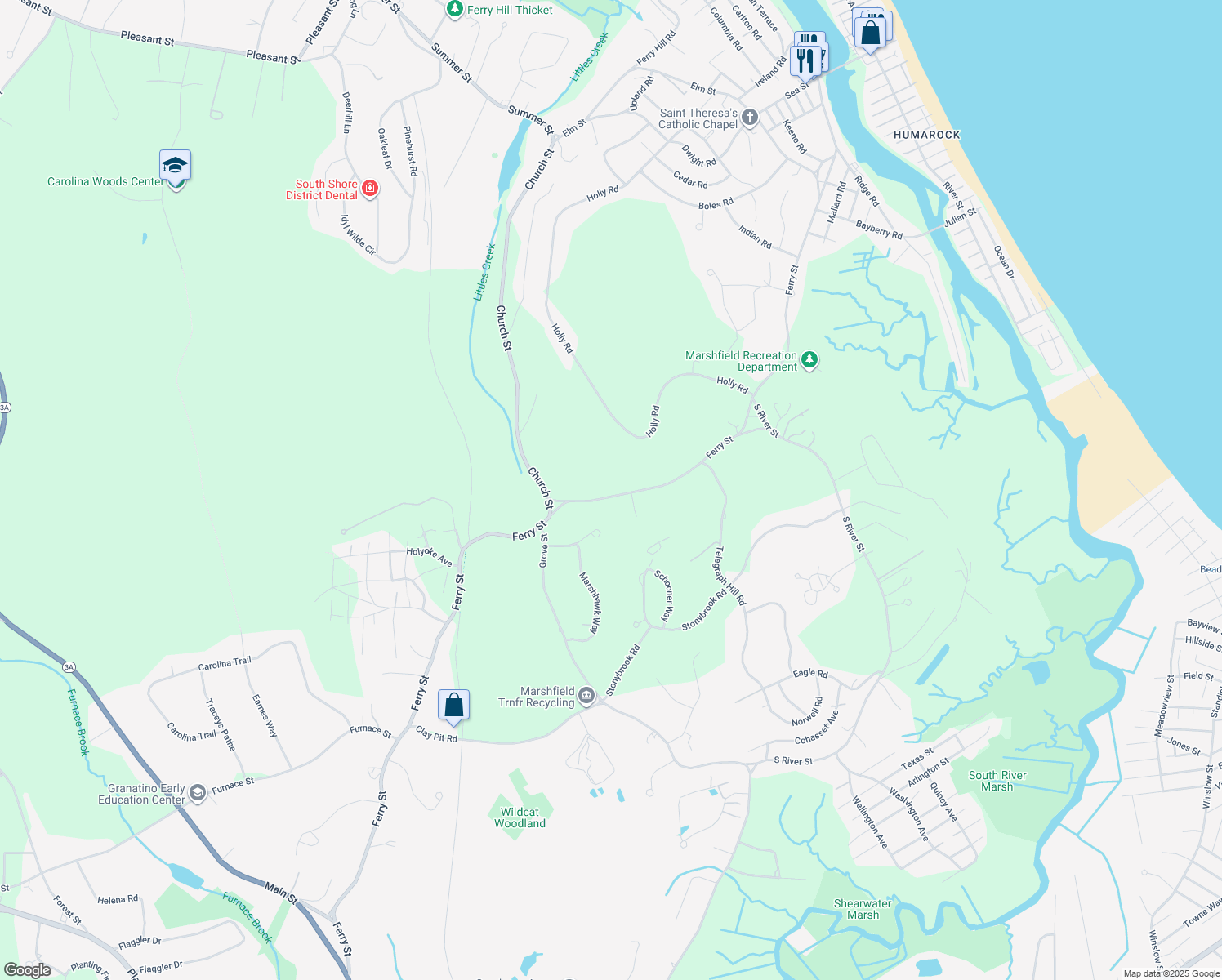 map of restaurants, bars, coffee shops, grocery stores, and more near 649 Ferry Street in Marshfield