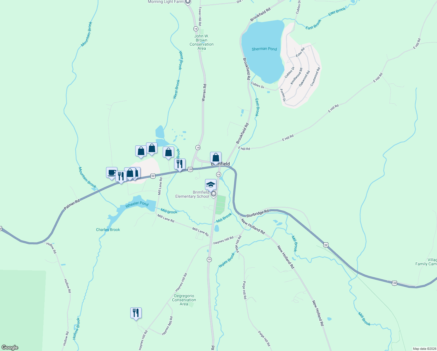 map of restaurants, bars, coffee shops, grocery stores, and more near 4 Wales Rd in Brimfield