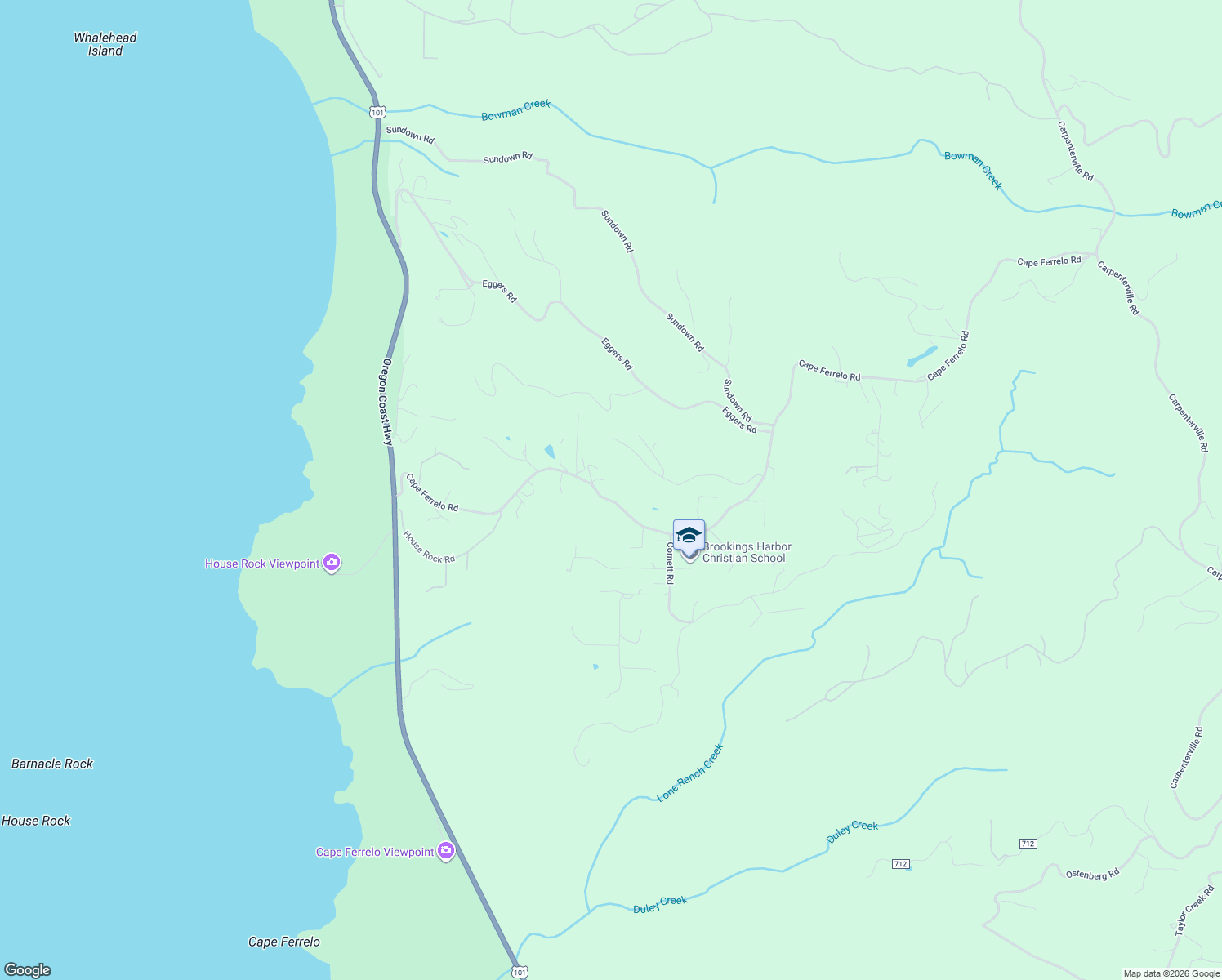 map of restaurants, bars, coffee shops, grocery stores, and more near 95925 Cape Ferrelo Road in Brookings